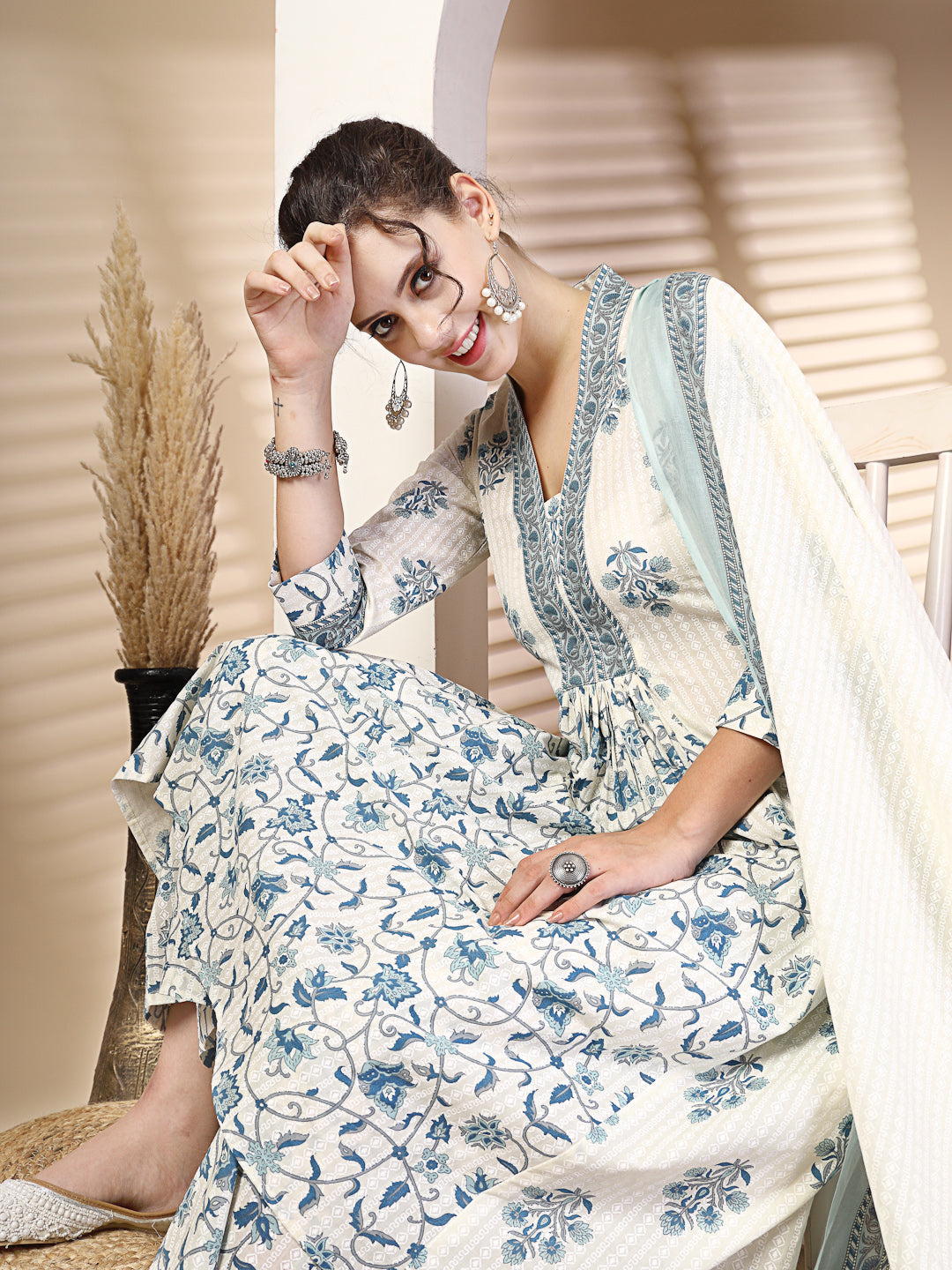 Cotton Calf Length Printed Flared 3/4 Sleeves V Neck Kurta, Bottom With Dupatta