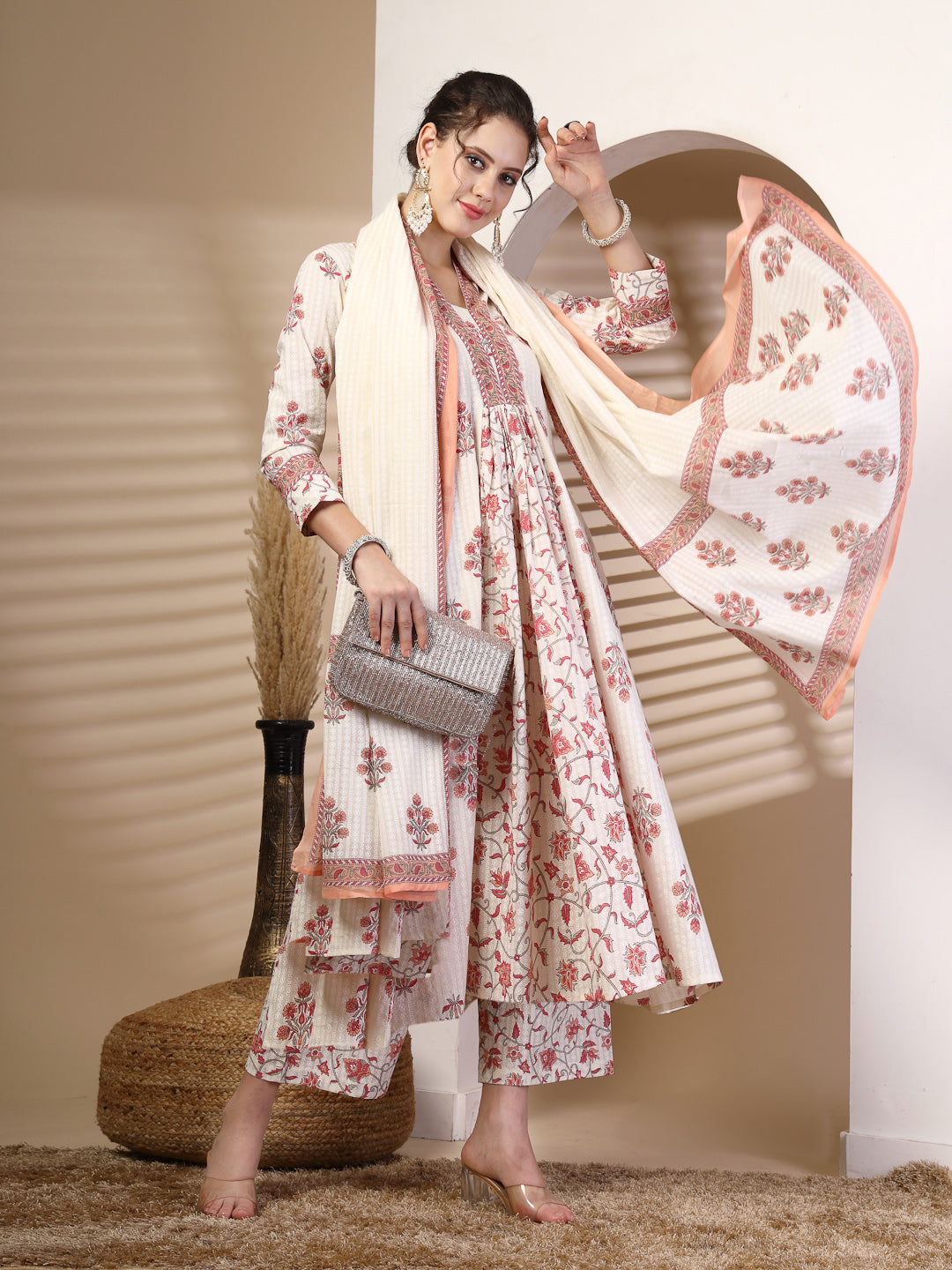 Cotton Calf Length Printed Flared 3/4 Sleeves V Neck Kurta, Bottom With Dupatta