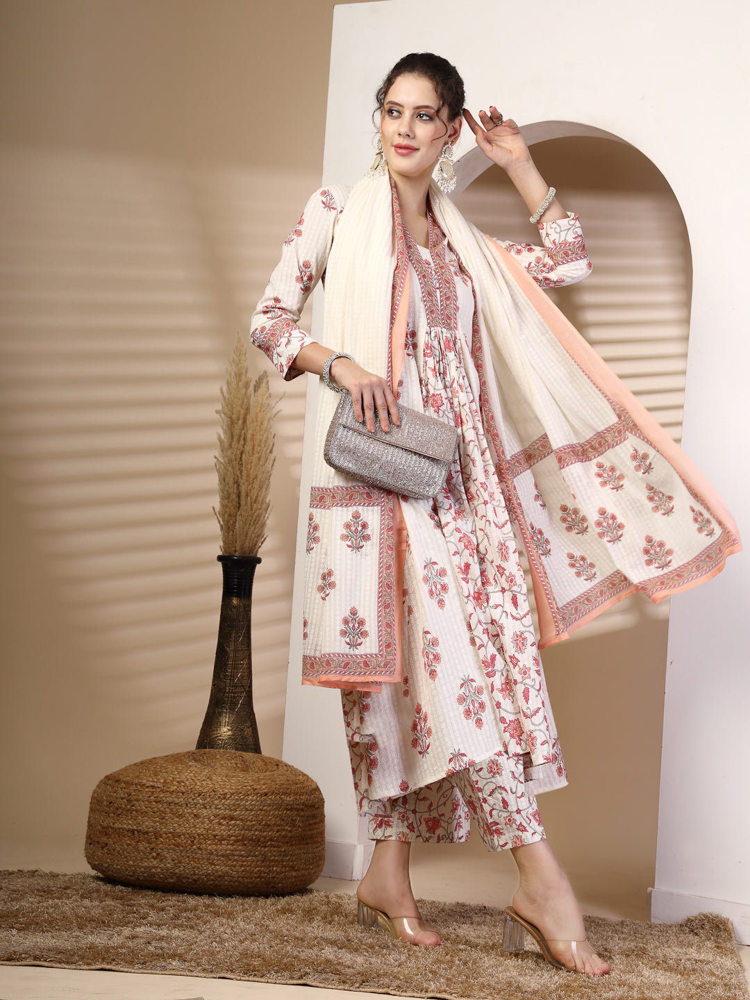 Cotton Calf Length Printed Flared 3/4 Sleeves V Neck Kurta, Bottom With Dupatta