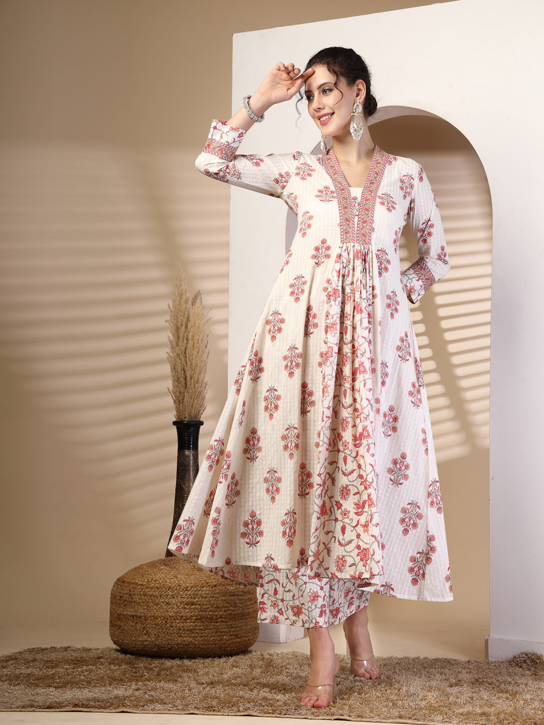 Cotton Calf Length Printed Flared 3/4 Sleeves V Neck Kurta, Bottom With Dupatta