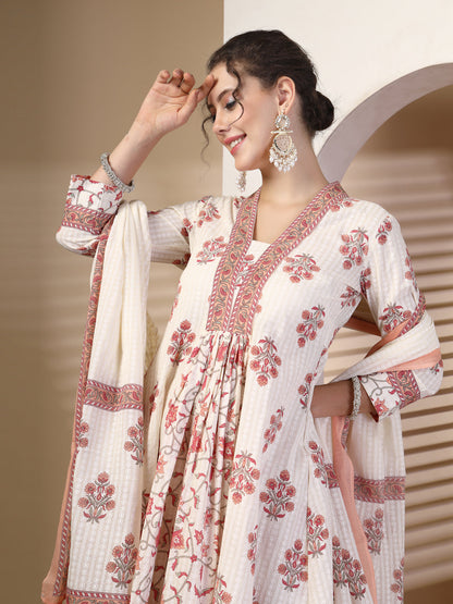 Cotton Calf Length Printed Flared 3/4 Sleeves V Neck Kurta, Bottom With Dupatta