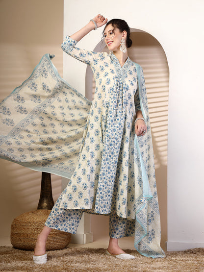 Cotton Calf Length Printed Flared 3/4 Sleeves V Neck Kurta, Bottom With Dupatta