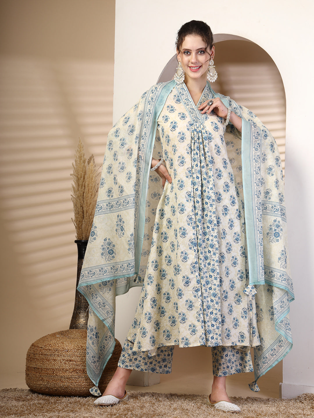 Cotton Calf Length Printed Flared 3/4 Sleeves V Neck Kurta, Bottom With Dupatta