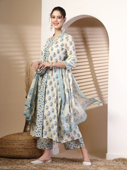 Cotton Calf Length Printed Flared 3/4 Sleeves V Neck Kurta, Bottom With Dupatta