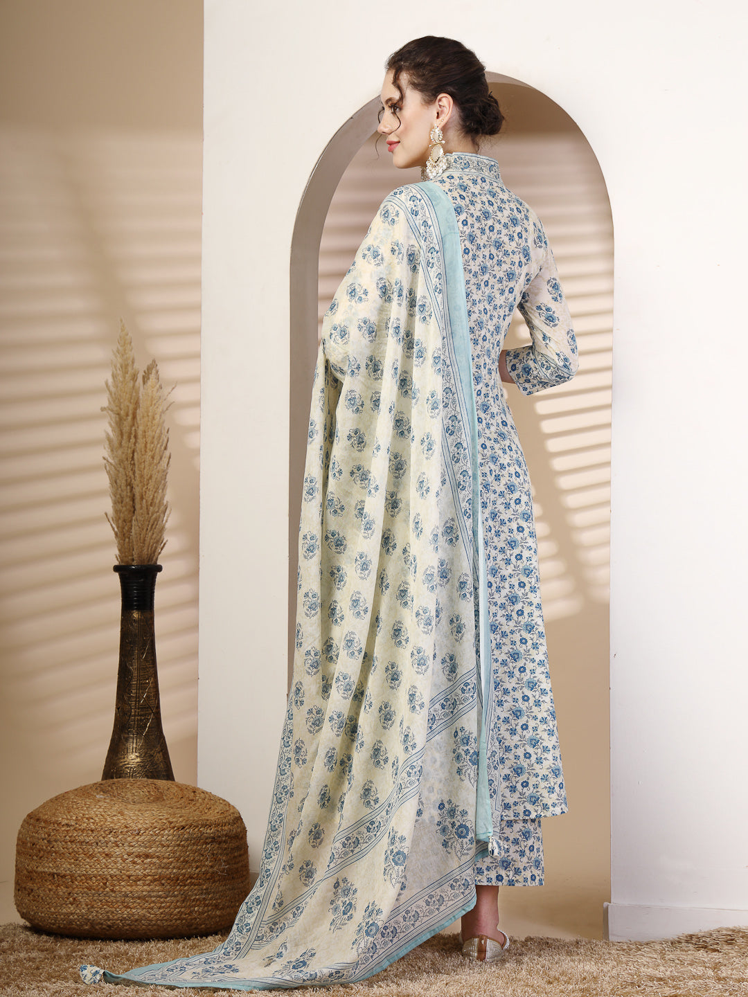 Cotton Calf Length Printed Flared 3/4 Sleeves V Neck Kurta, Bottom With Dupatta