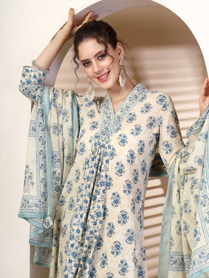 Cotton Calf Length Printed Flared 3/4 Sleeves V Neck Kurta, Bottom With Dupatta