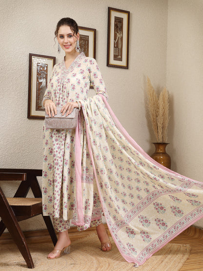 Cotton Calf Length Printed Flared 3/4 Sleeves V Neck Kurta, Bottom With Dupatta