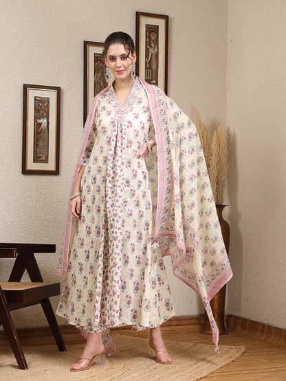 Cotton Calf Length Printed Flared 3/4 Sleeves V Neck Kurta, Bottom With Dupatta