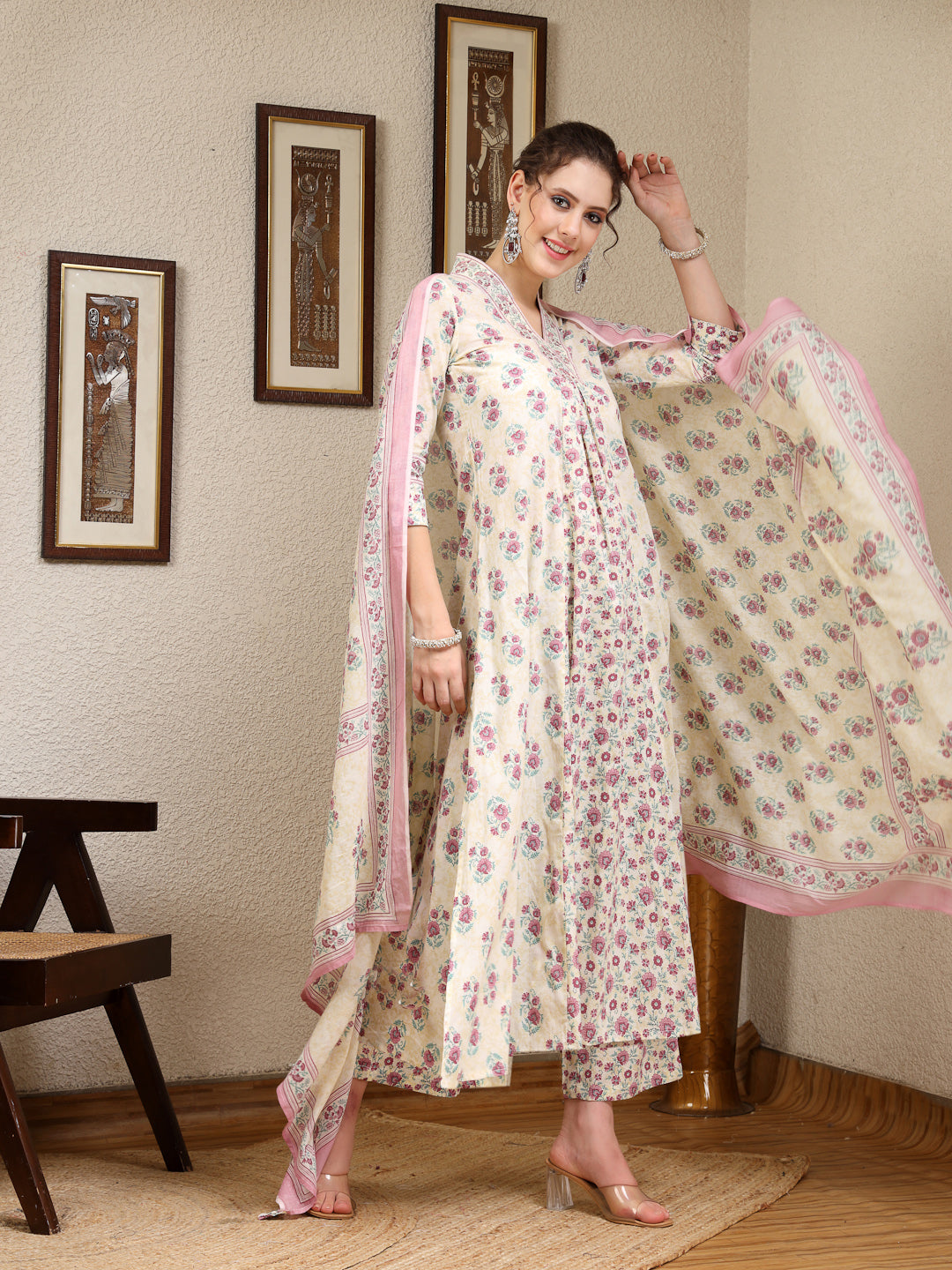 Cotton Calf Length Printed Flared 3/4 Sleeves V Neck Kurta, Bottom With Dupatta