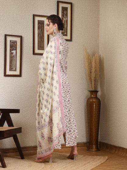 Cotton Calf Length Printed Flared 3/4 Sleeves V Neck Kurta, Bottom With Dupatta