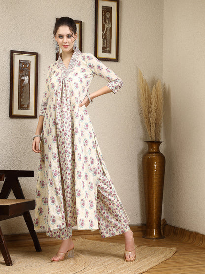 Cotton Calf Length Printed Flared 3/4 Sleeves V Neck Kurta, Bottom With Dupatta