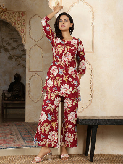 Cotton Hip Length Printed Straight 3/4 Sleeves Round Neck Kurta Bottom Set