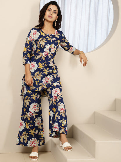 Cotton Hip Length Printed Straight 3/4 Sleeves Round Neck Kurta Bottom Set