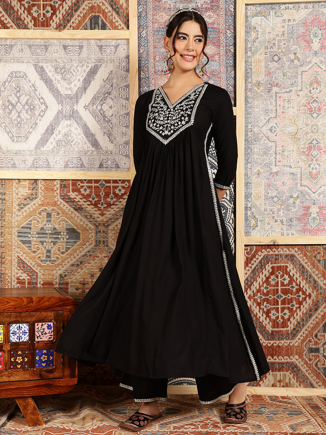 Rayon Calf Length Solid Flared 3/4 Sleeves V-Neck Kurta Bottom Dupatta Set