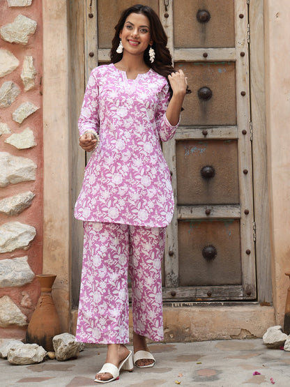 Cotton Hip Length Printed Straight 3/4 Sleeves Round Neck Co-Ord Set