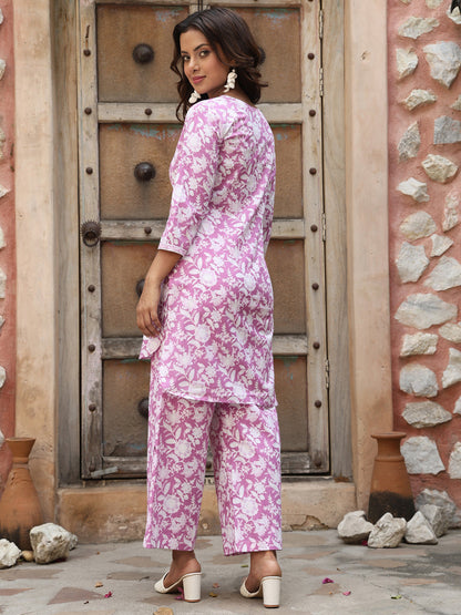 Cotton Hip Length Printed Straight 3/4 Sleeves Round Neck Co-Ord Set