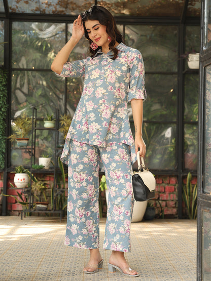 Cotton Hip Length Printed Straight 3/4 Sleeves Shirt Coller Co-Ord Set