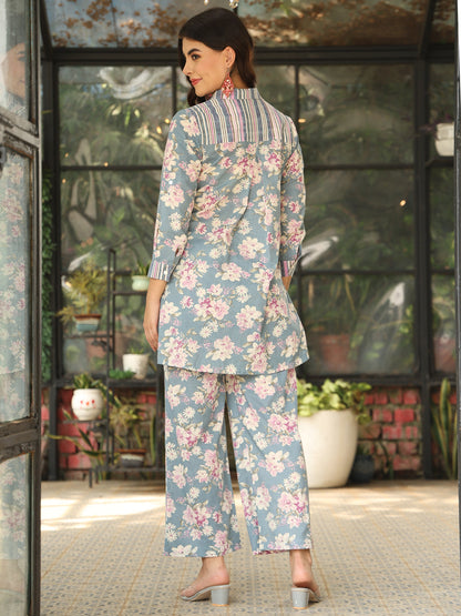 Cotton Hip Length Printed Straight 3/4 Sleeves Shirt Coller Co-Ord Set