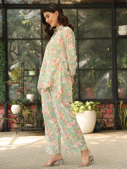 Cotton Hip Length Printed Straight 3/4 Sleeves Shirt Coller Co-Ord Set