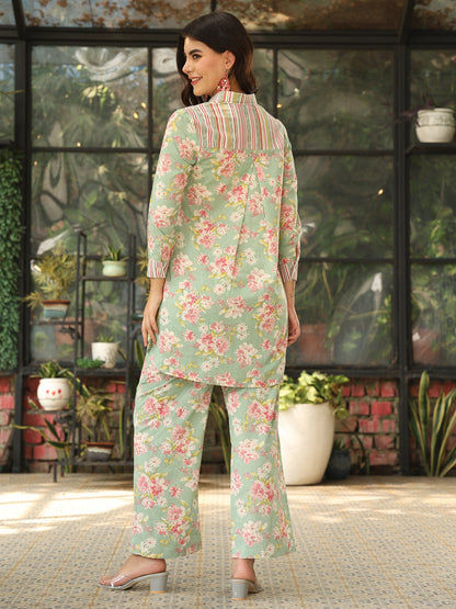 Cotton Hip Length Printed Straight 3/4 Sleeves Shirt Coller Co-Ord Set