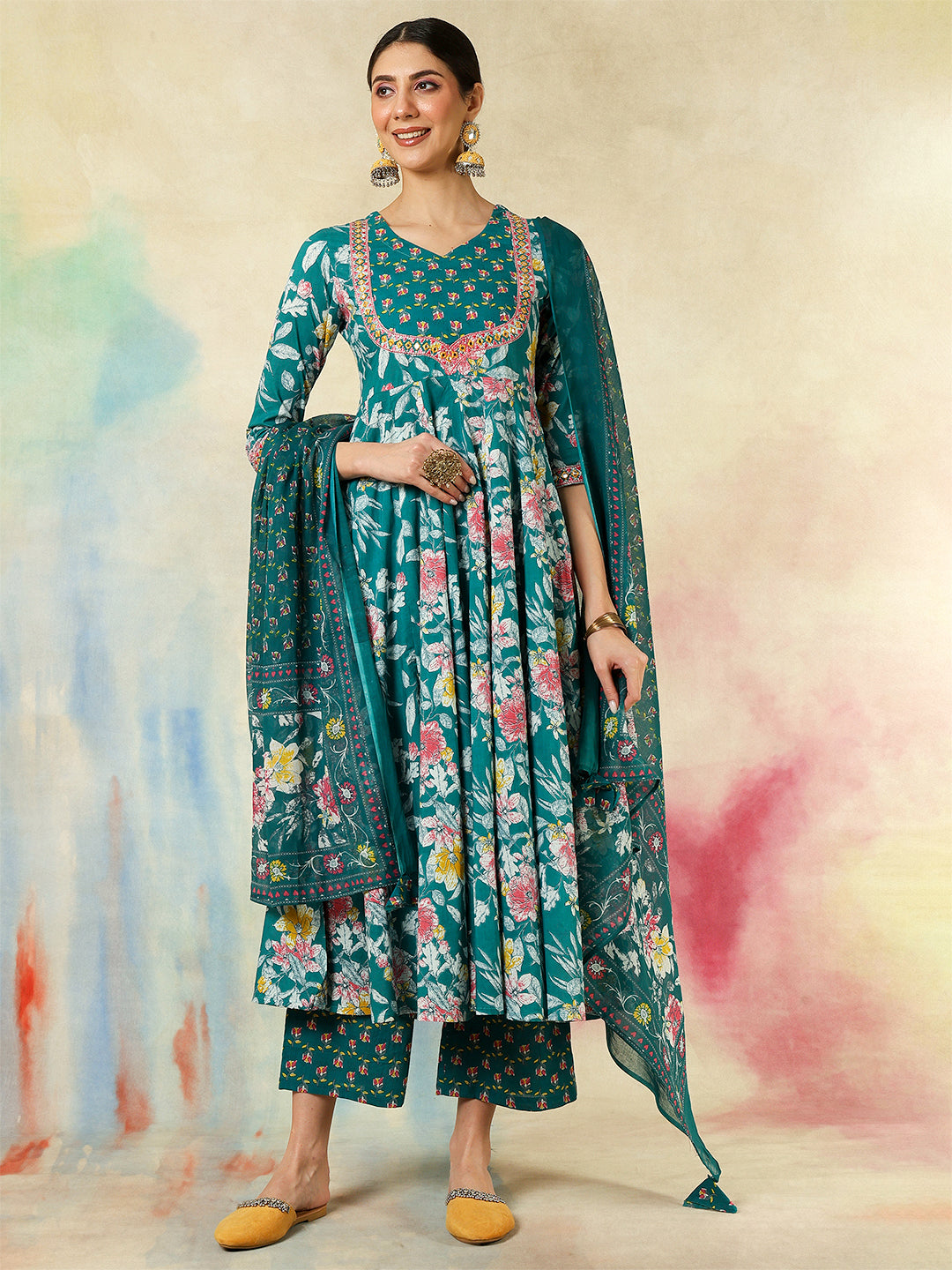 Cotton Calf Length Printed & Embroidered Flared 3/4 Sleeves Sweet Heart Neck Kurta Suit Set With Dupatta