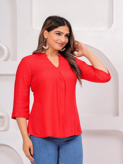 Red Solid Tops & Tunic - Viscose Moss Fabric, 3/4 sleeves, V-neck collar and hips Length.