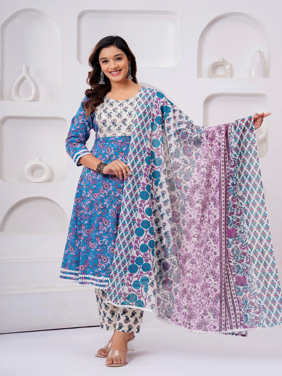 Blue Floral Print Kurta Bottom With Dupatta Set