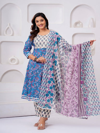 Blue Floral Print Kurta Bottom With Dupatta Set