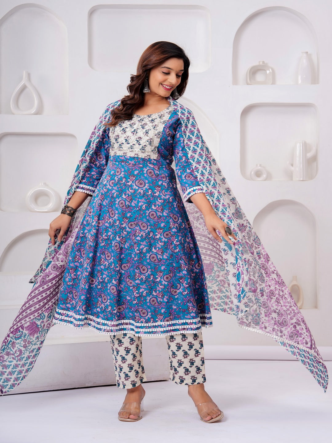 Blue Floral Print Kurta Bottom With Dupatta Set