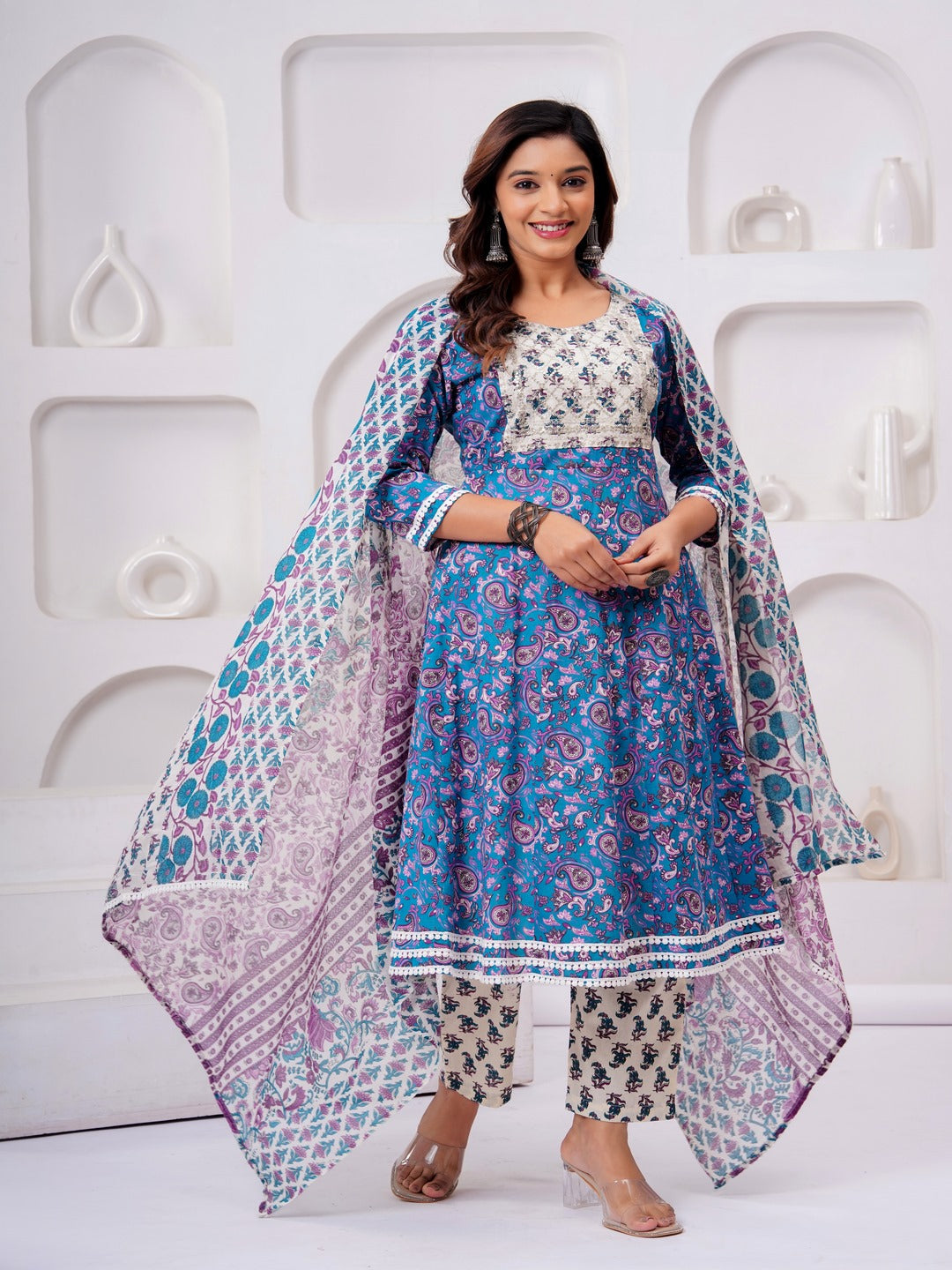 Blue Floral Print Kurta Bottom With Dupatta Set