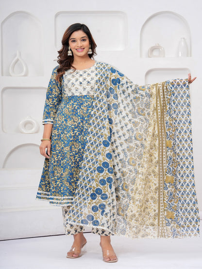 Rama Blue Floral Print Kurta Bottom With Dupatta Set