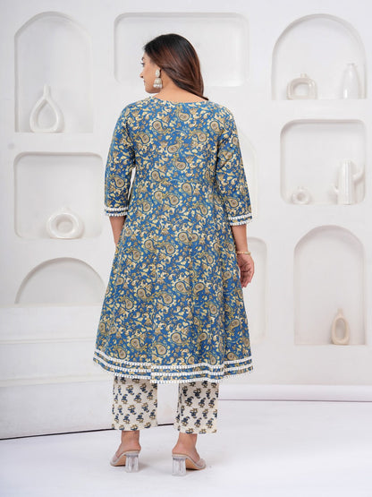 Rama Blue Floral Print Kurta Bottom With Dupatta Set