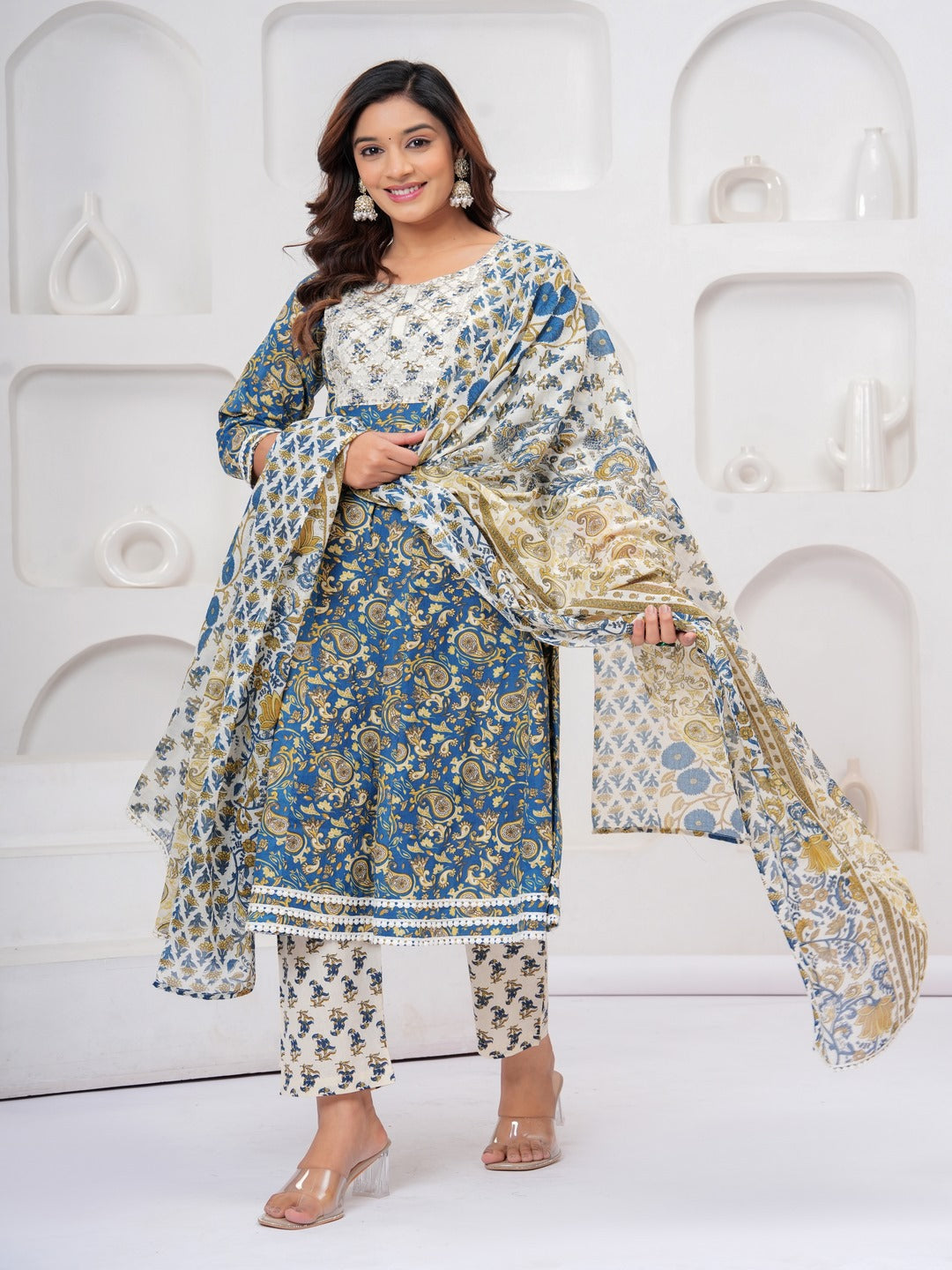 Rama Blue Floral Print Kurta Bottom With Dupatta Set