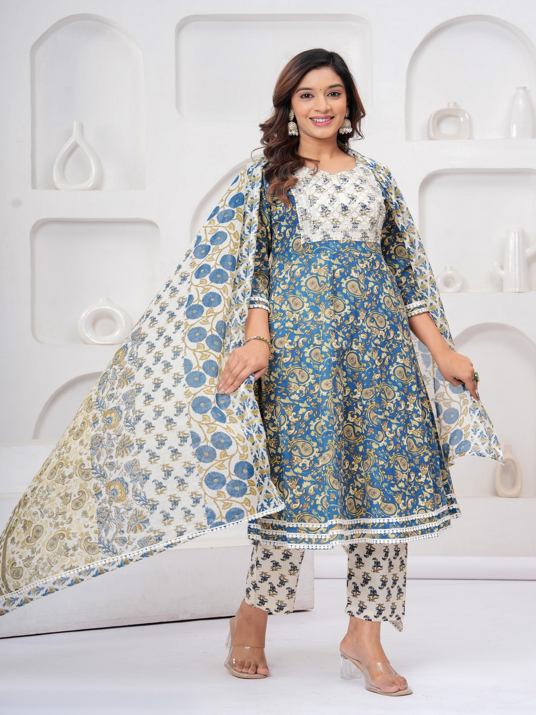 Rama Blue Floral Print Kurta Bottom With Dupatta Set