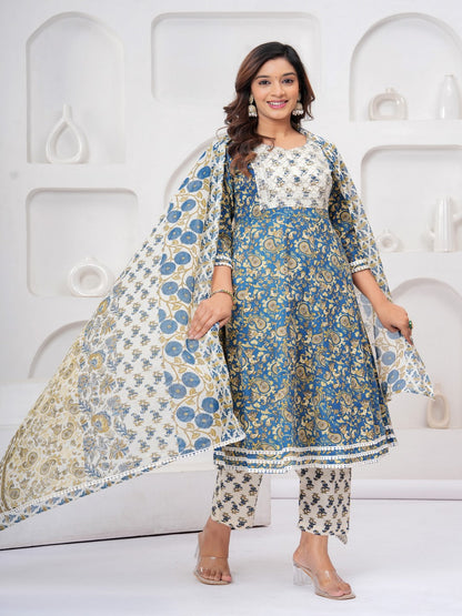 Rama Blue Floral Print Kurta Bottom With Dupatta Set