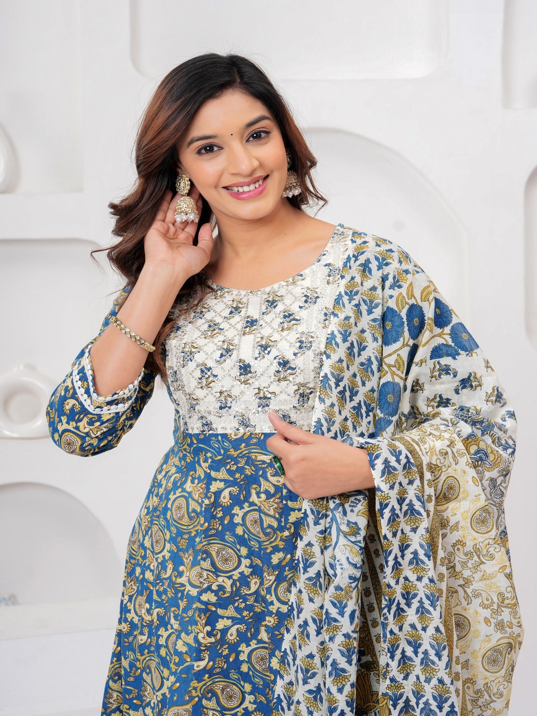 Rama Blue Floral Print Kurta Bottom With Dupatta Set