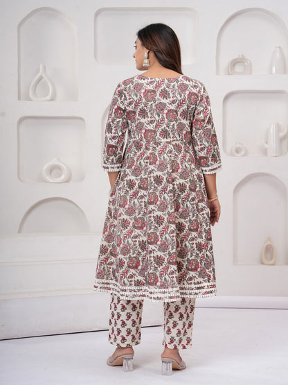 Beige Floral Print Kurta Bottom With Dupatta Set