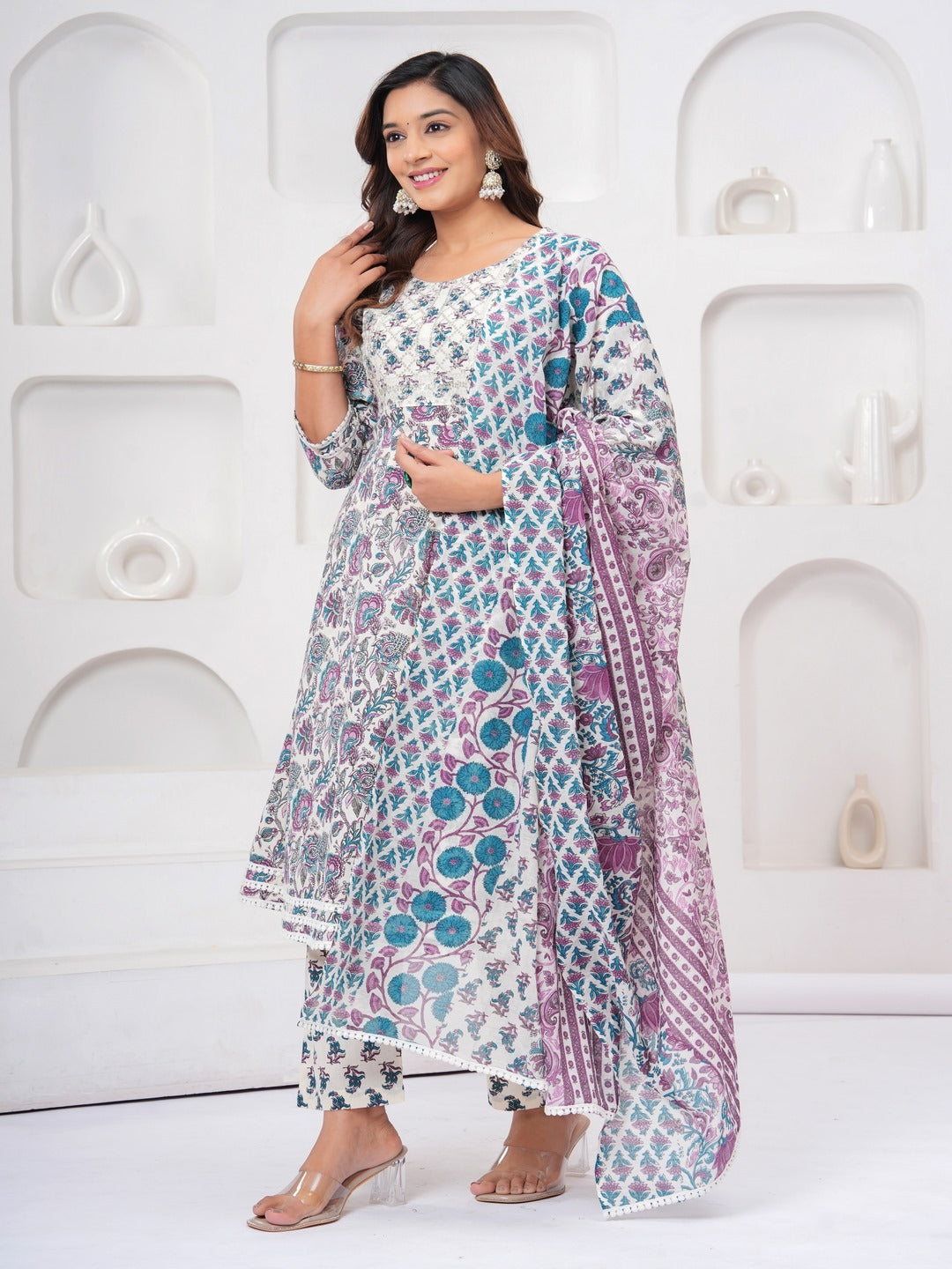 Turquoise Floral Print Kurta Bottom With Dupatta Set