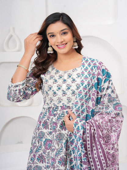 Turquoise Floral Print Kurta Bottom With Dupatta Set