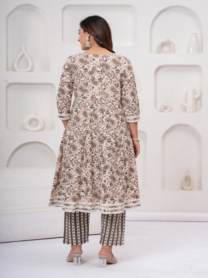 Peach Floral Print Kurta Bottom With Dupatta Set