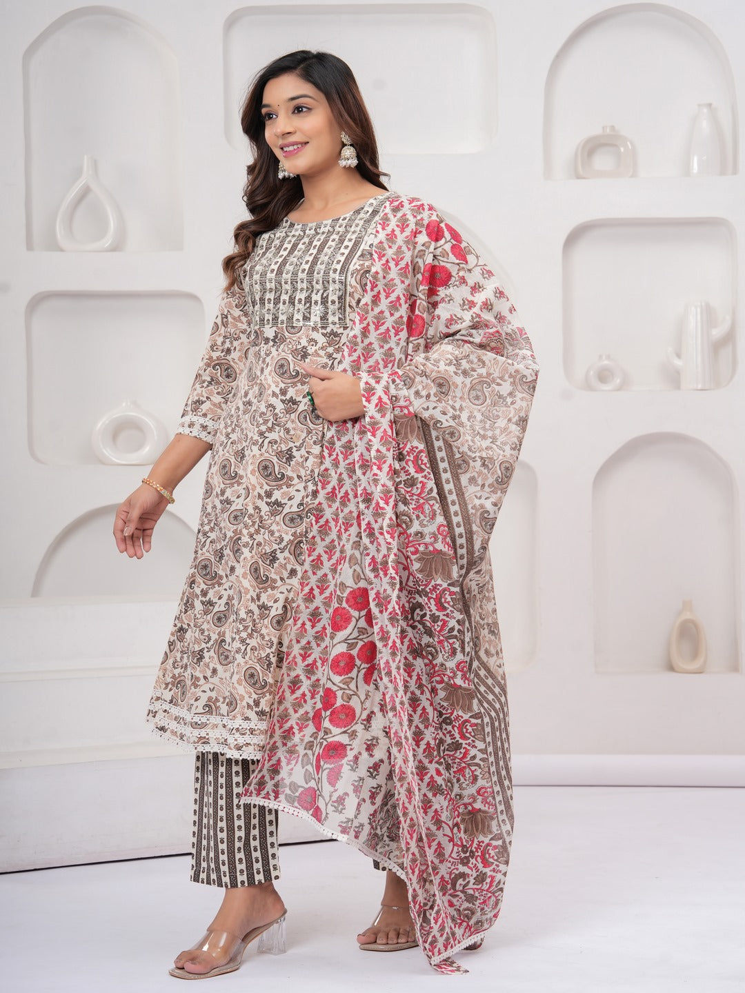 Peach Floral Print Kurta Bottom With Dupatta Set