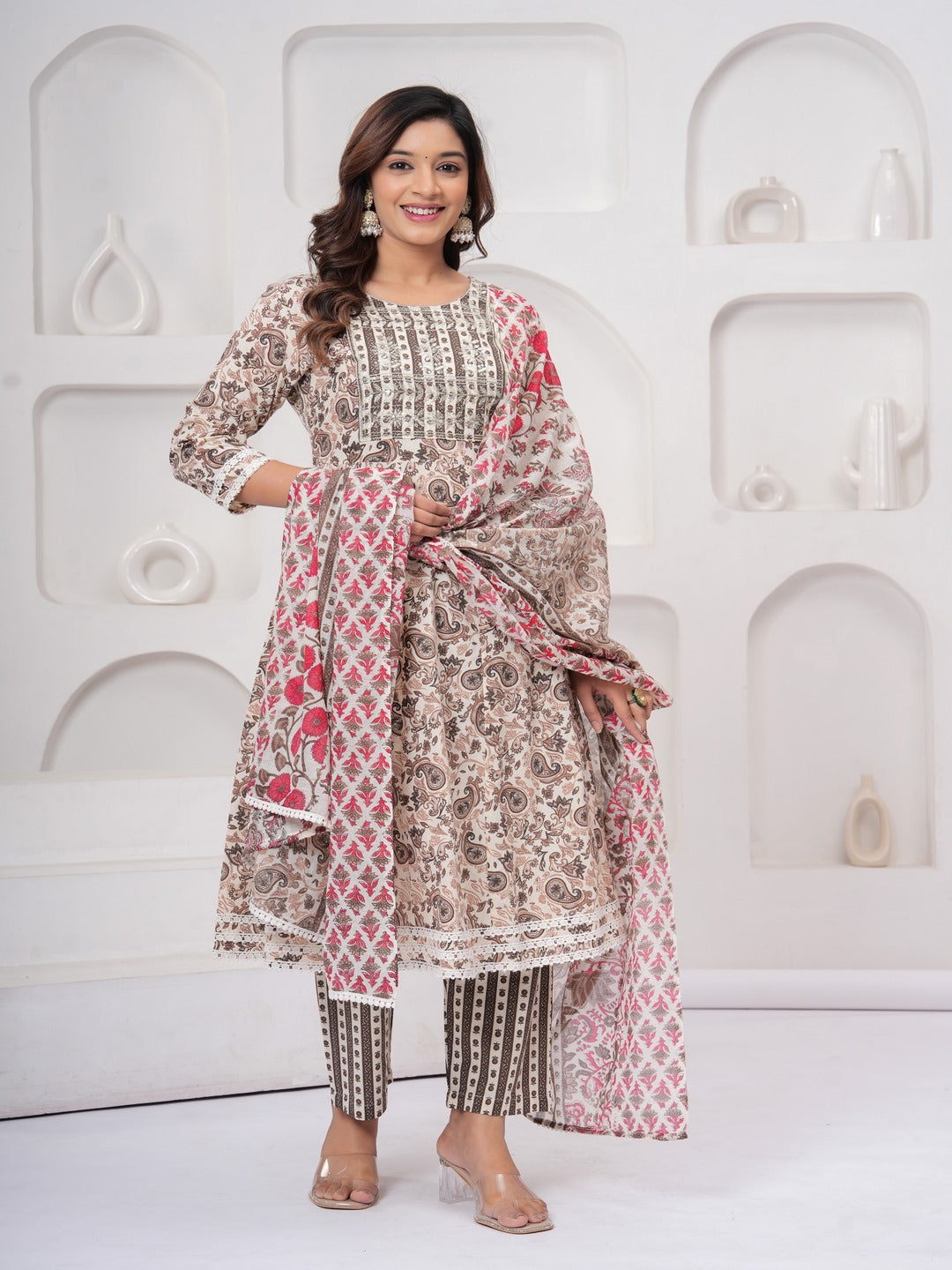 Peach Floral Print Kurta Bottom With Dupatta Set