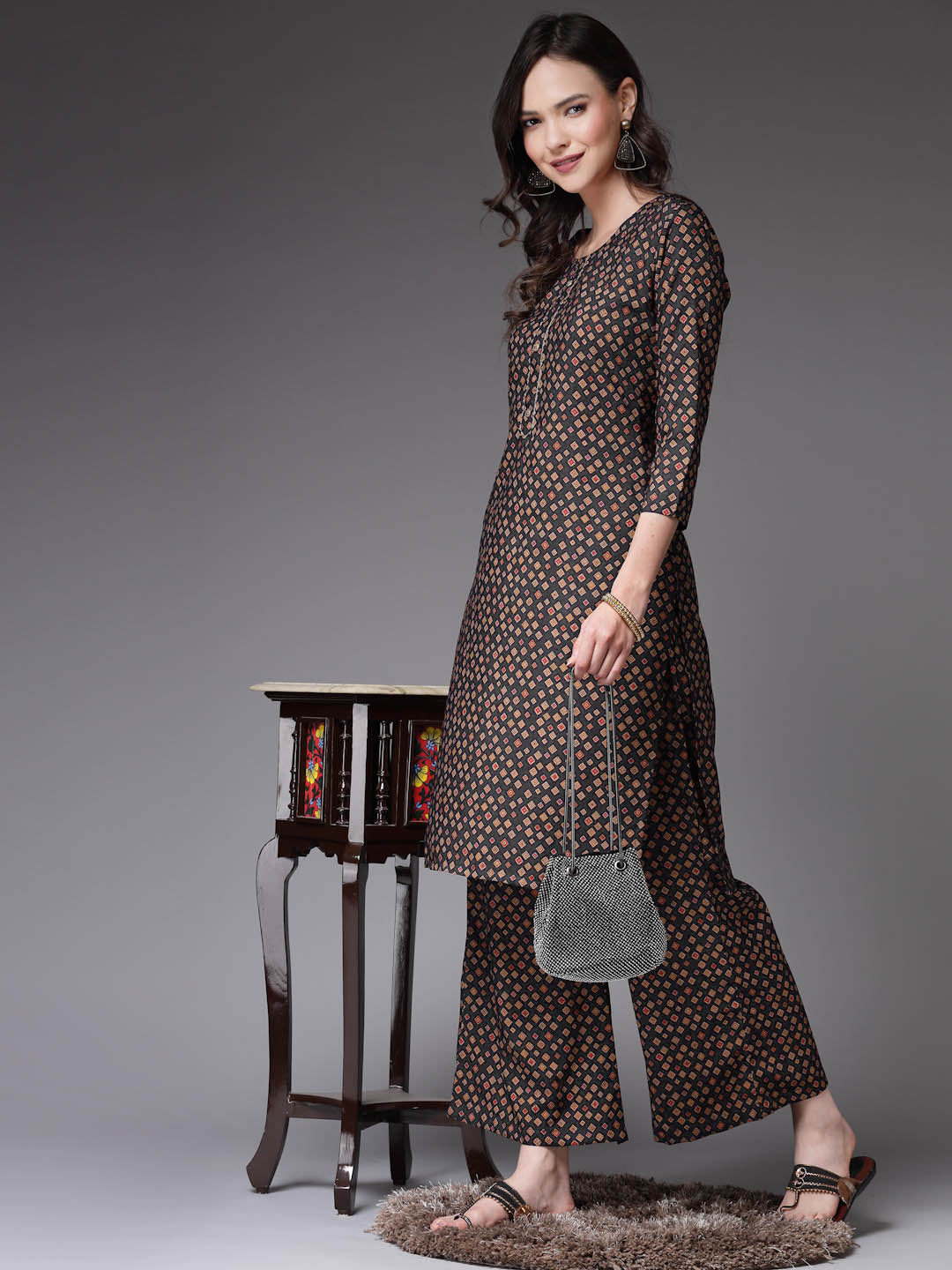 Printed Poly Crepe Straight Kurta Palazzo Set