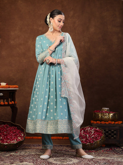 Aqua Blue Printed & Embroidered Rayon Anarkali Kurta Pant Dupatta Set