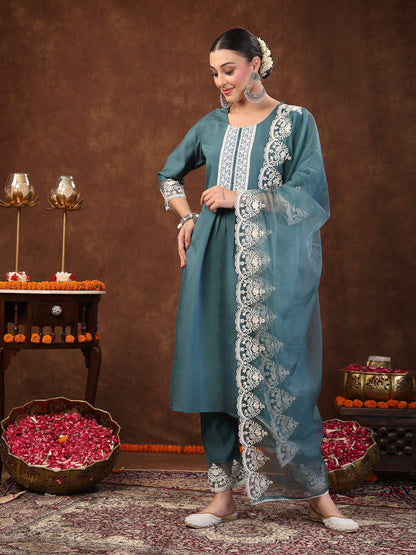 Aqua Embroidered Silk Blend Straight Kurta Pant Dupatta Set