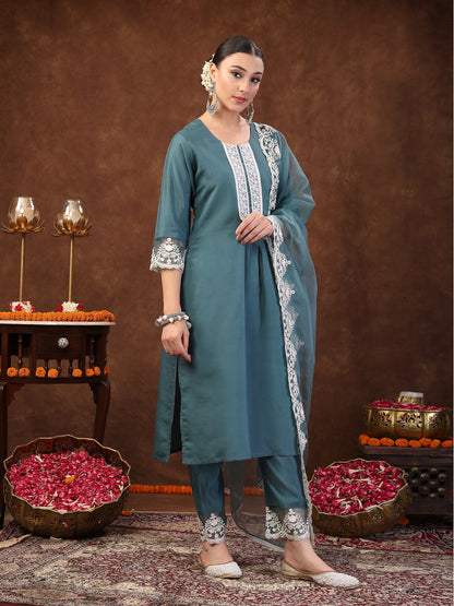 Aqua Embroidered Silk Blend Straight Kurta Pant Dupatta Set