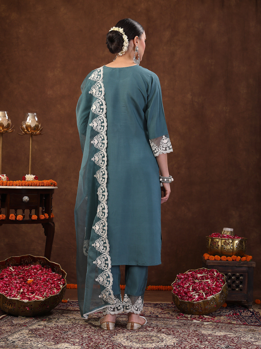 Aqua Embroidered Silk Blend Straight Kurta Pant Dupatta Set