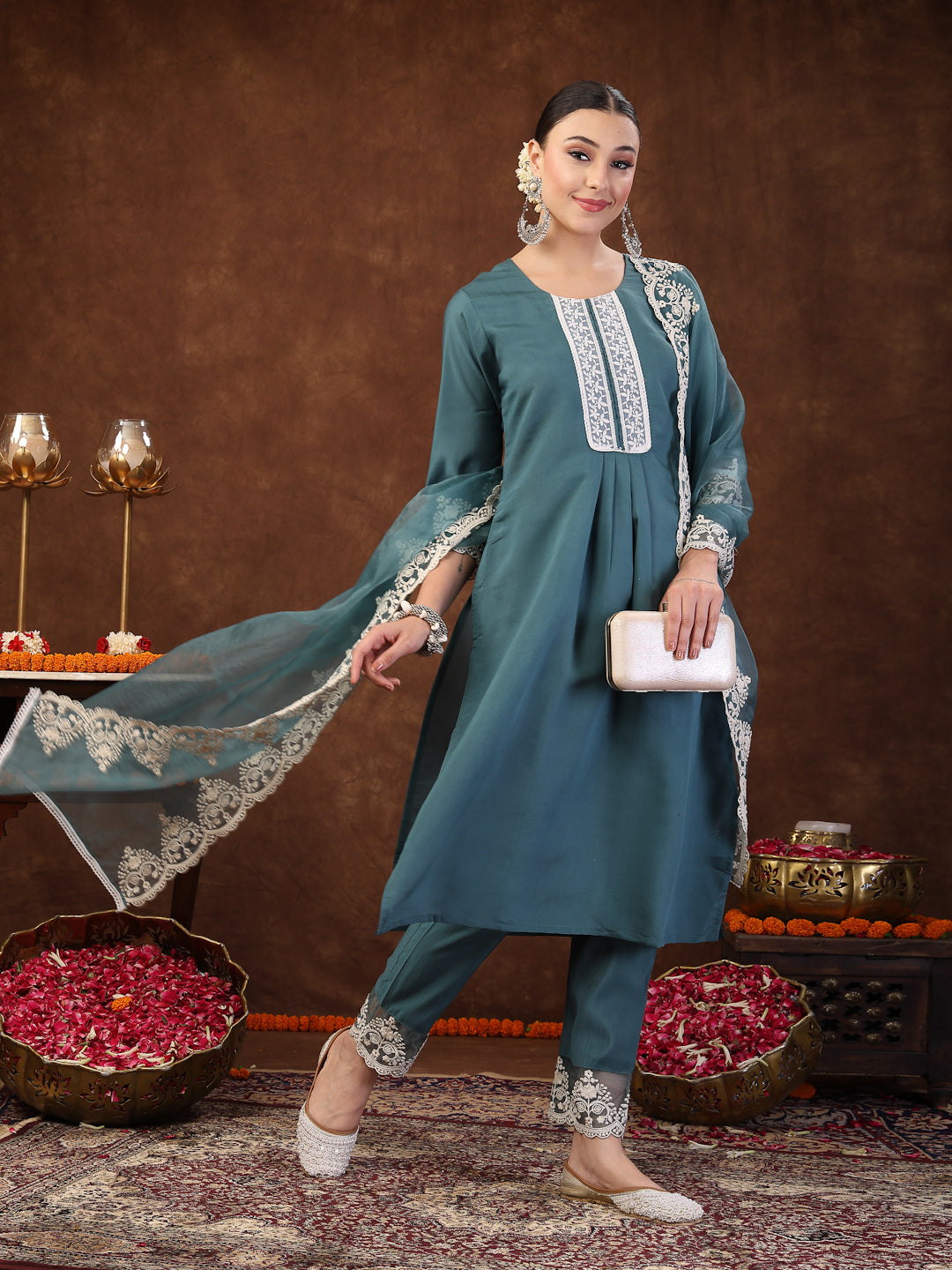 Aqua Embroidered Silk Blend Straight Kurta Pant Dupatta Set