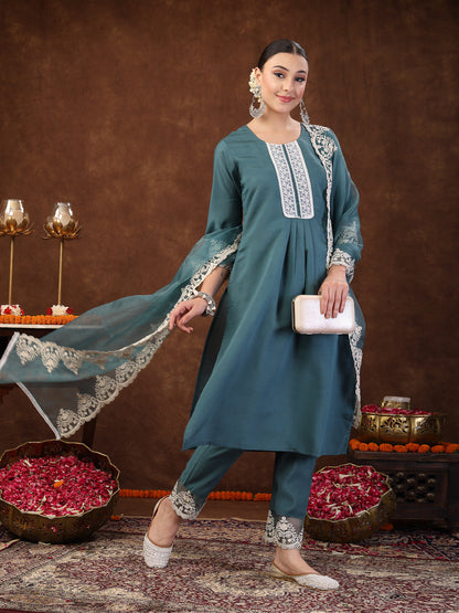 Aqua Embroidered Silk Blend Straight Kurta Pant Dupatta Set