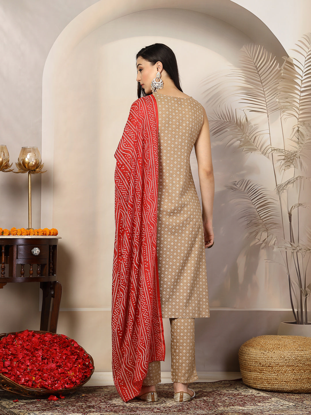 Beige Gold Printed Rayon A-Line Kurta Pant Dupatta Set